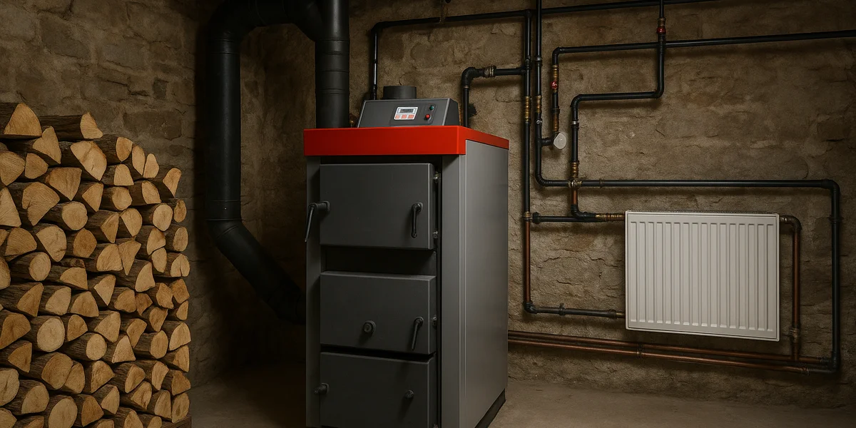 Centrala pe lemne cu gazeificare in camera tehnica cu lemne stivuite