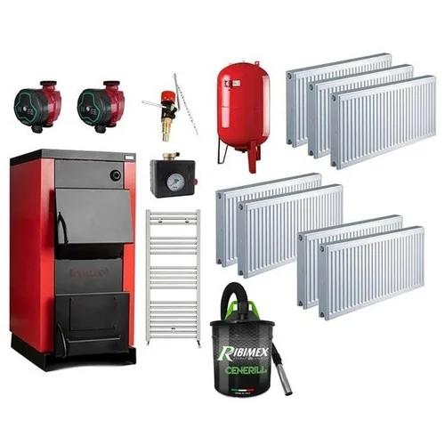 Pachet centrala pe lemn Termax 30 kW, cu ardere standard, volum manta apa 90 litri, 8 Calorifere, Pompe Recirculare, Aspirator cenusa, Vas expansiune 50 litri